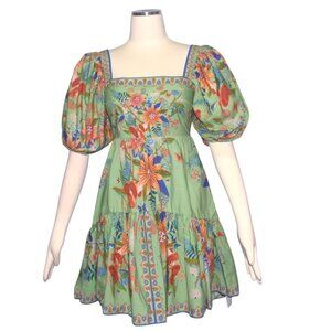 Farm Rio Dress Bright Yard Green Mini Dress Cotton Floral Print S